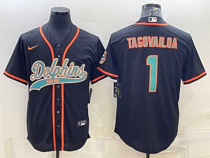 Mens Miami Dolphins #1 Tua Tagovailoa Black With Patch Cool Base Stitched Baseball Jersey